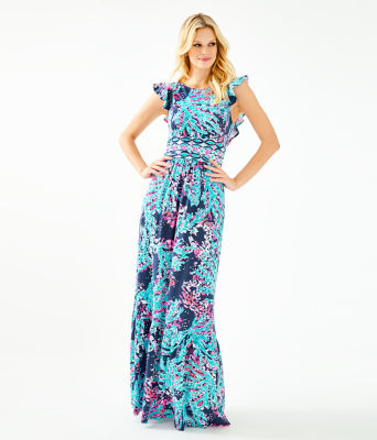 navy and coral maxi dress